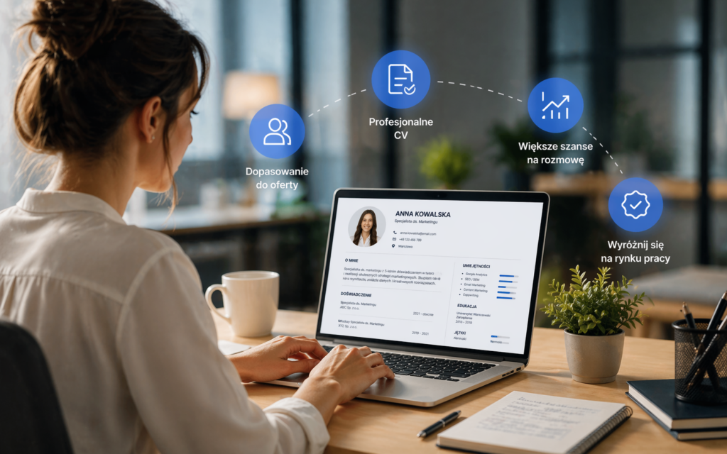 Tworzenie CV online – kobieta przygotowuje profesjonalne CV na laptopie
